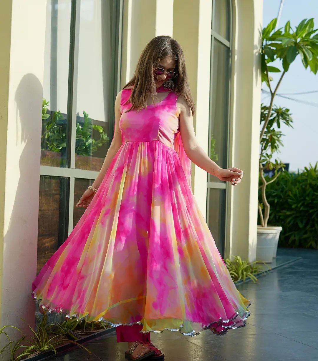 Designer Organza Silk Printed Readymade Anarkali Gown
