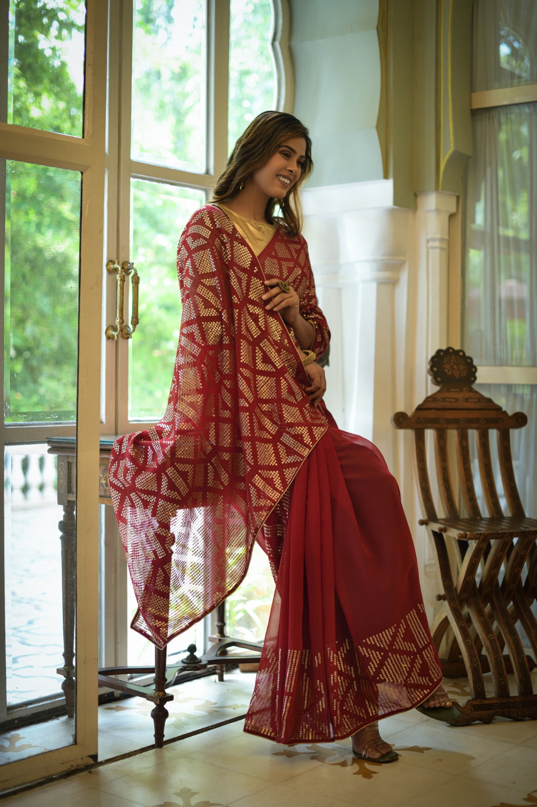 Red Colour Fancy Sequence Wedding Wear Georgette Saree teeya