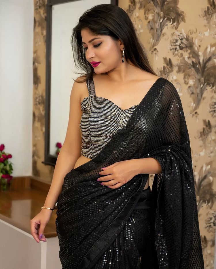 Black Color Full Sequence Work Saree with Blouse For Stylish Women