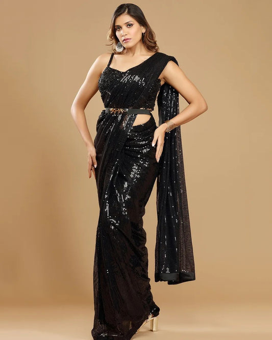 Sparkling Black Georgette 5mm Sequence Work Designer Saree Blouse With Belt