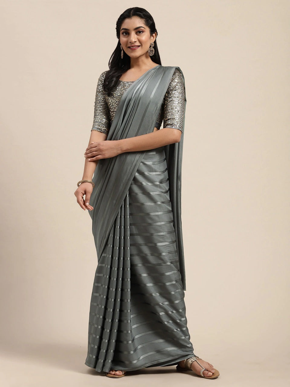 Beautiful heavy Satin Patta Saree with Sequence Work Blouse For Women