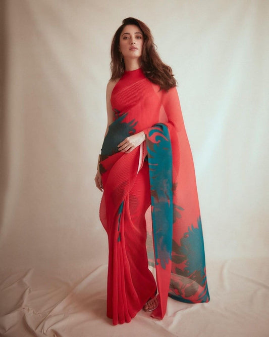Unique Red Color Georgette Print All Over Plating Designer Saree
