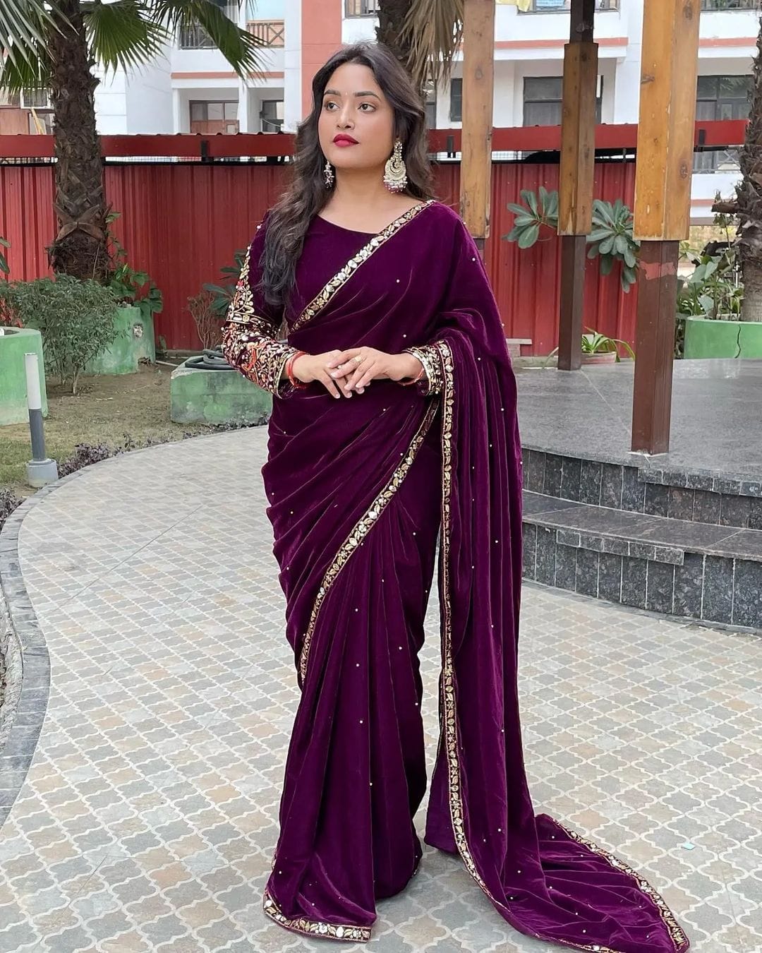 Party Wear Purple Velvet Embroidered work on saree and Blouse For Women