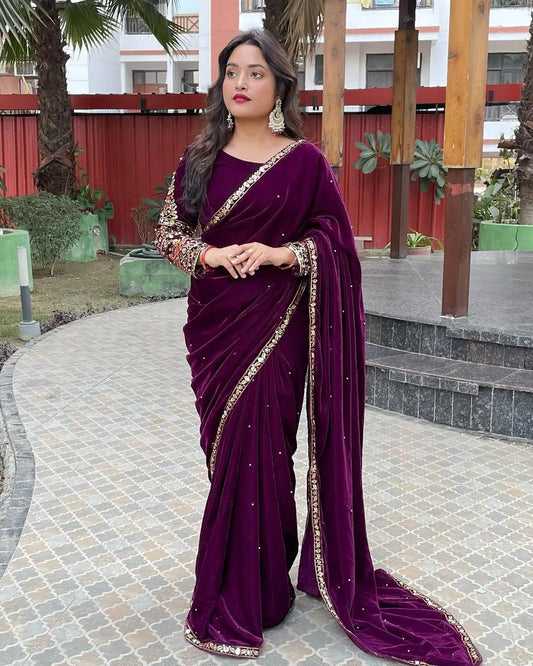 Party Wear Purple Velvet Embroidered work on saree and Blouse For Women