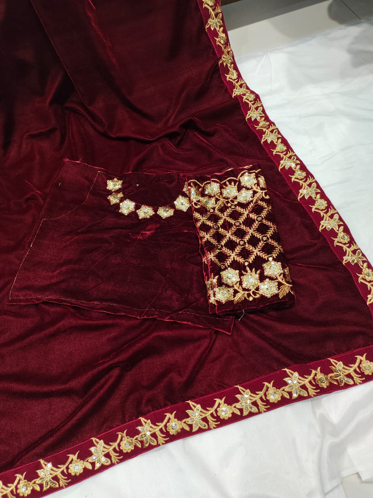 Dark Maroon Color Velvet Embroidered Work Saree With Blouse