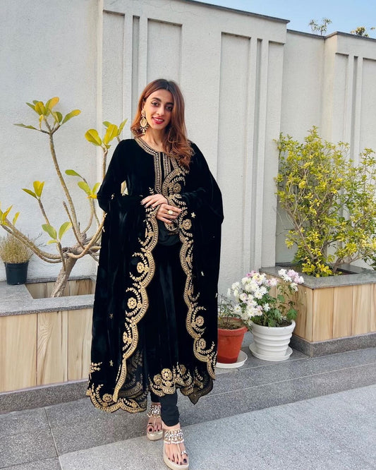 Black Color Velvet Embroidered Readymade Gown For Women