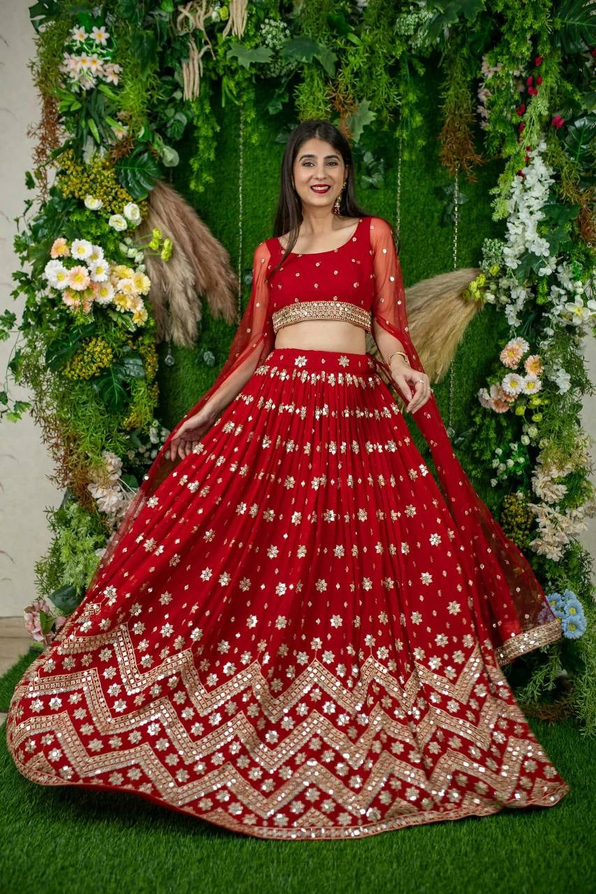 Wedding Wear Red color Soft Net Embroidered Lehenga Choli