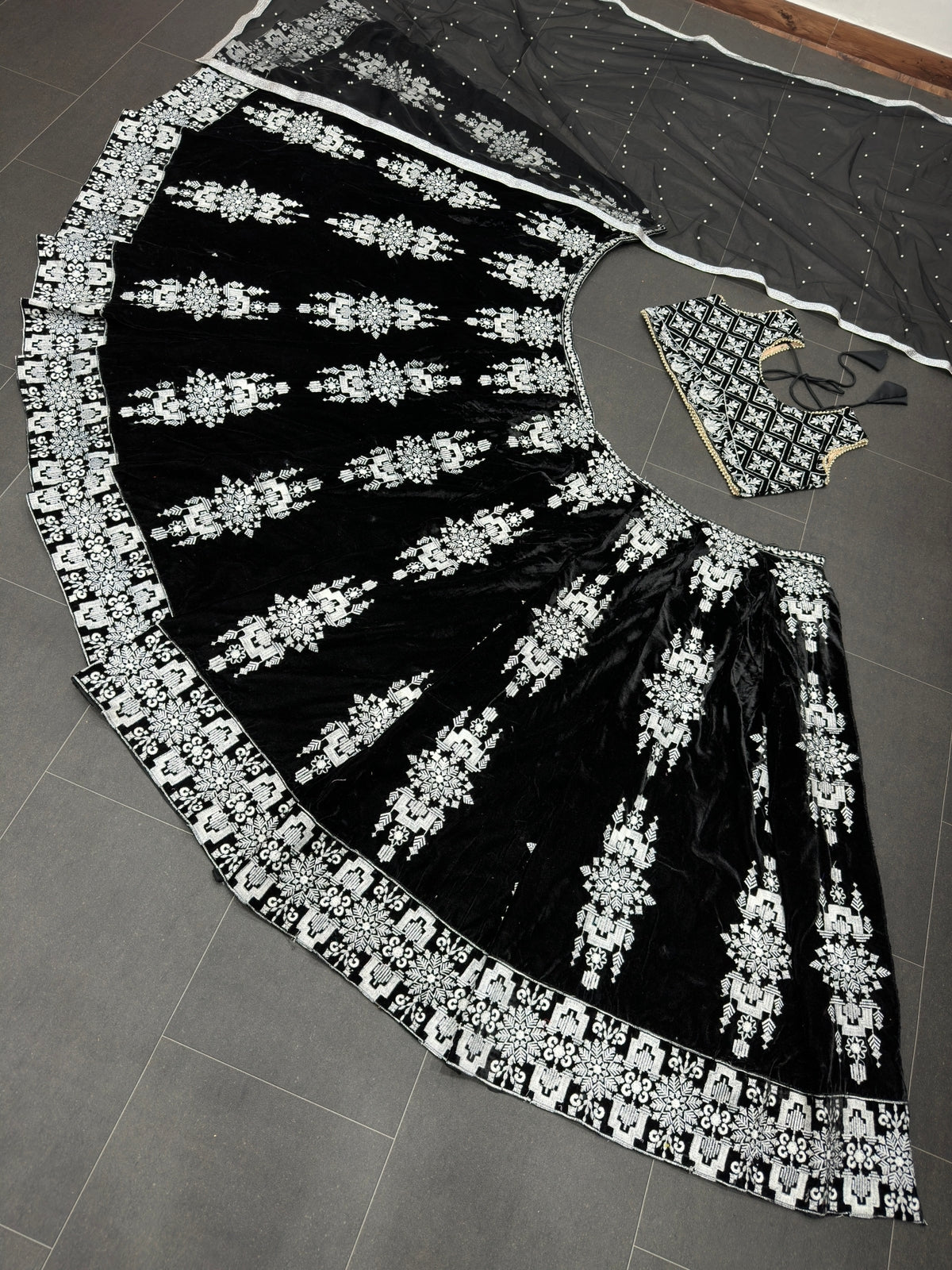 Function Wear Black Velvet White Thread Embroidered Semi Stitched Lehenga Choli