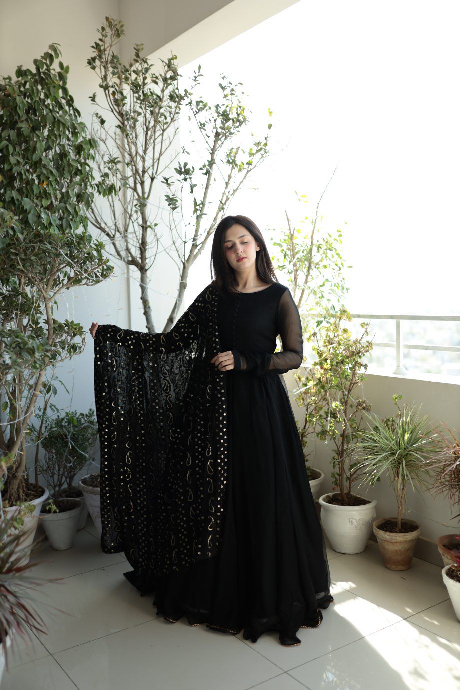 Wedding Wear Black Georgette Full Stitched Gown For Girls