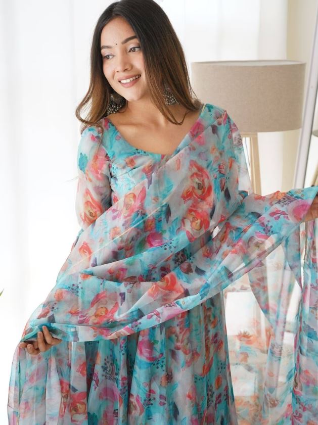 Designer Firozi Organza Silk Printed Full Stitched Western wear For Girls