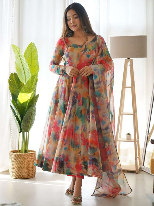 Wedding Wear Organza Silk Printed Readymade Gown For Girls