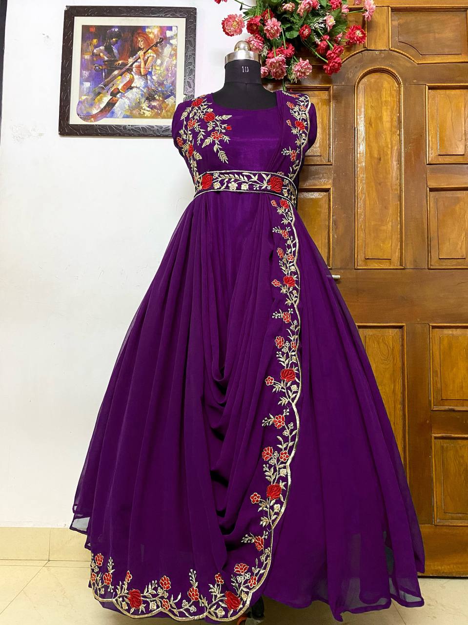 Party Wear Stylish Georgette Embroidered Cross Designer Gown with Belt