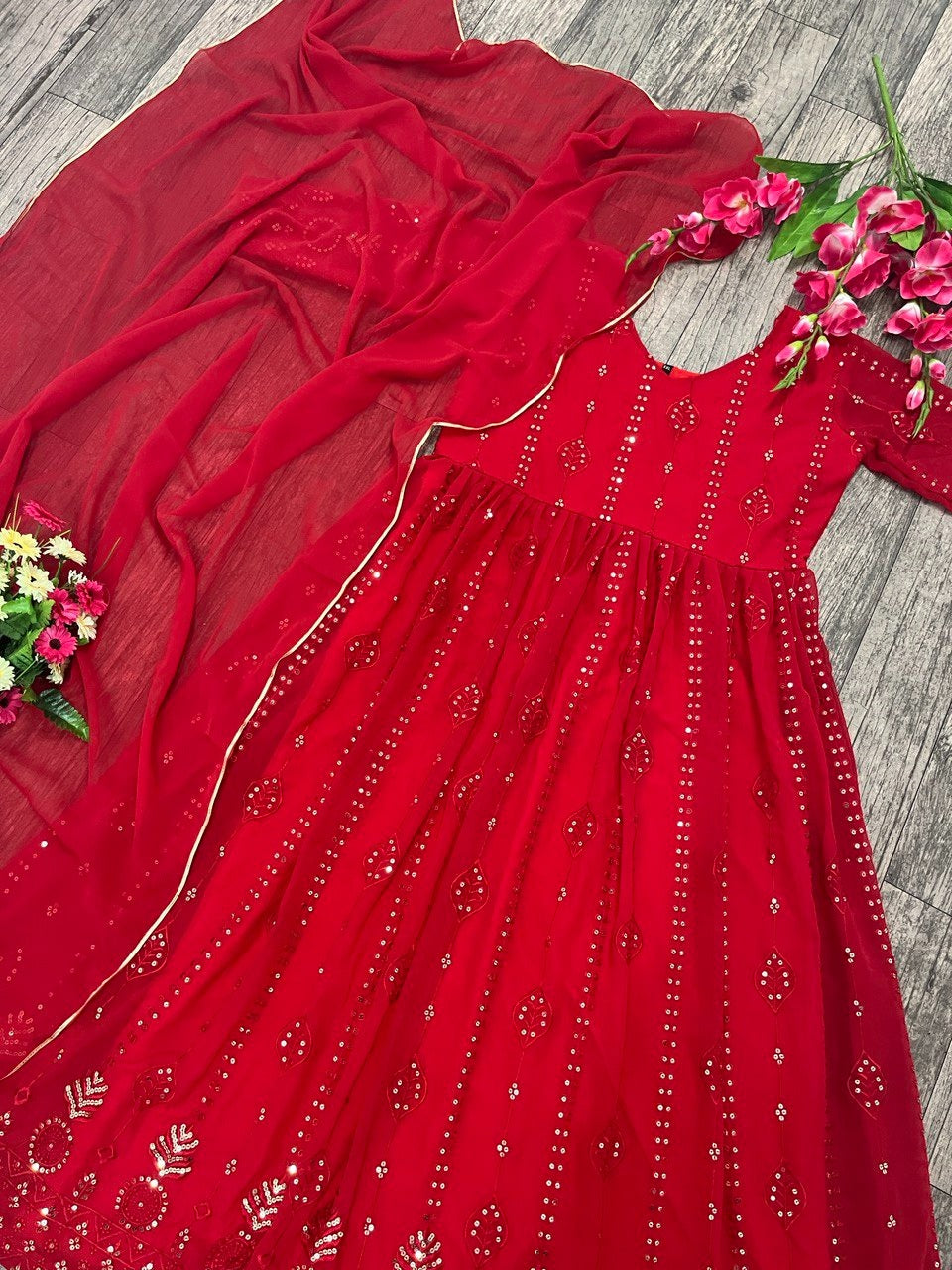 Function Wear Red Color Gerogette Readymade Gown For Girls