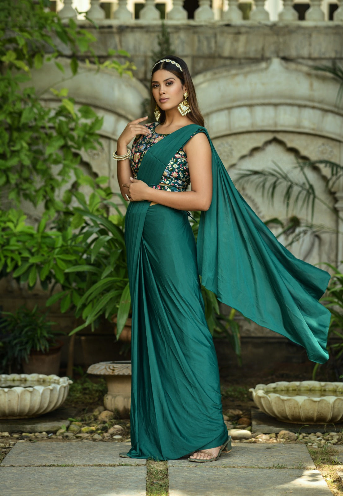 Rama Color 1 Minutes Ready To Wear Malay Silk Saree with Stitched Blouse