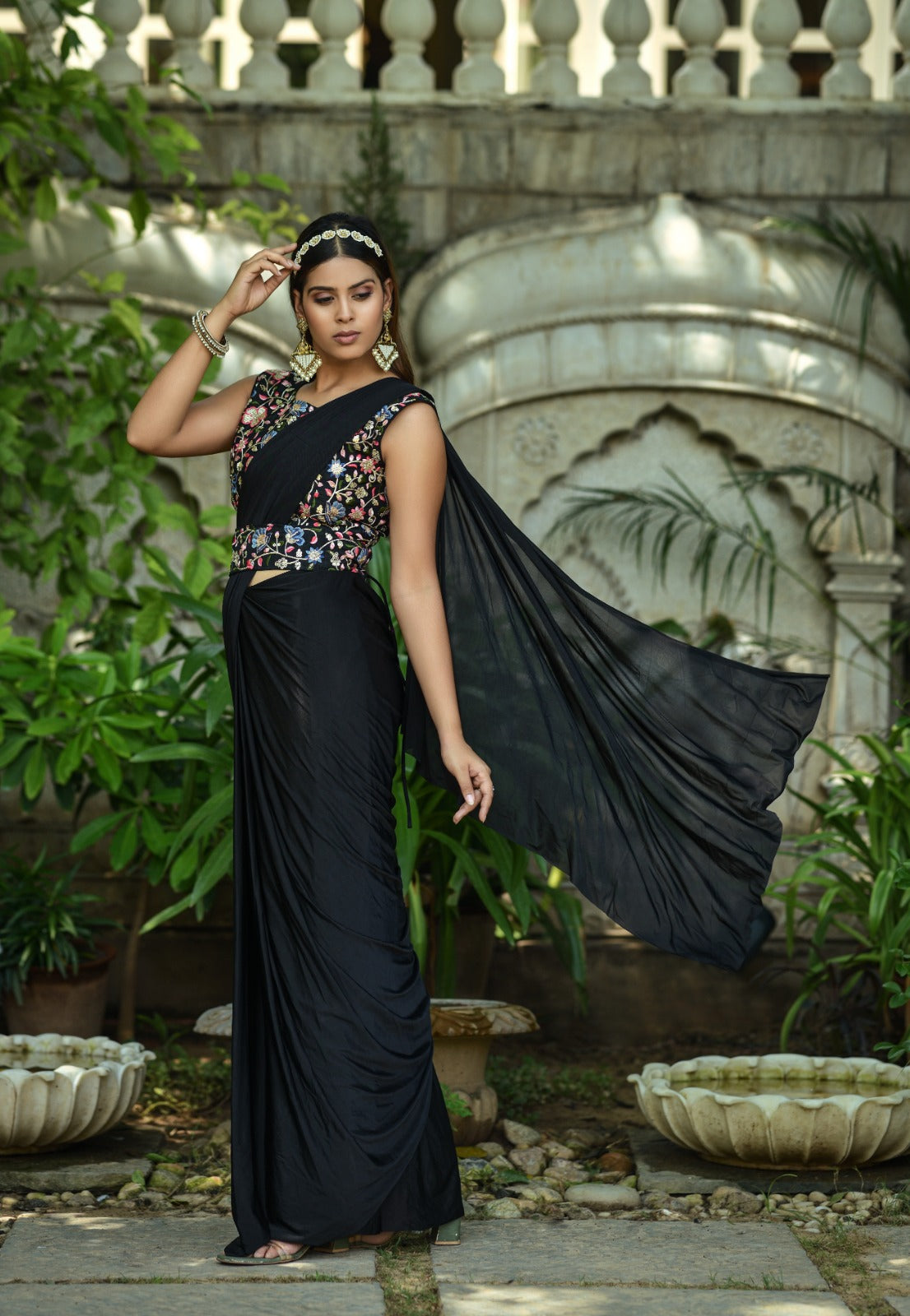 Ready to Wear 1 Minutes Black Malay Silk Saree with Stitched Blouse