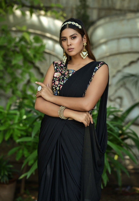 Ready to Wear 1 Minutes Black Malay Silk Saree with Stitched Blouse