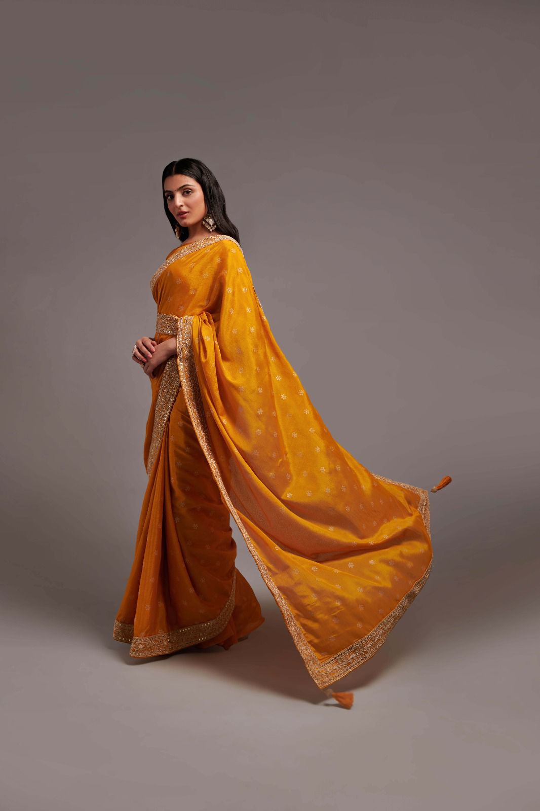 Party Wear Mustard Color Chinon Silk All Over print and Coding Work Saree