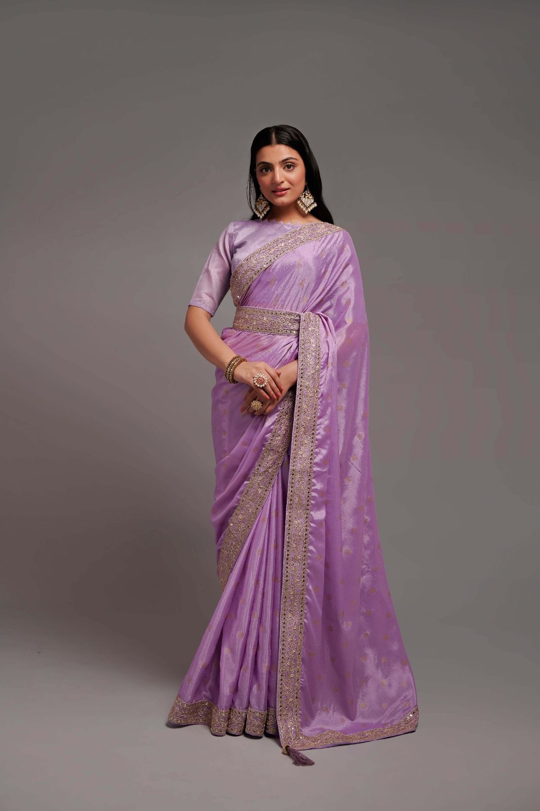 Purple Color Chinon Silk All Over print and Coding Work Designer Saree