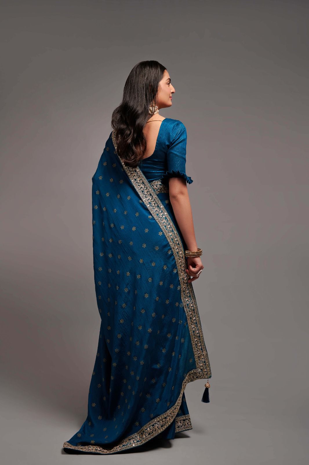 Amazing Rama Color Chinon Silk All Over print and Coding Work Designer Saree