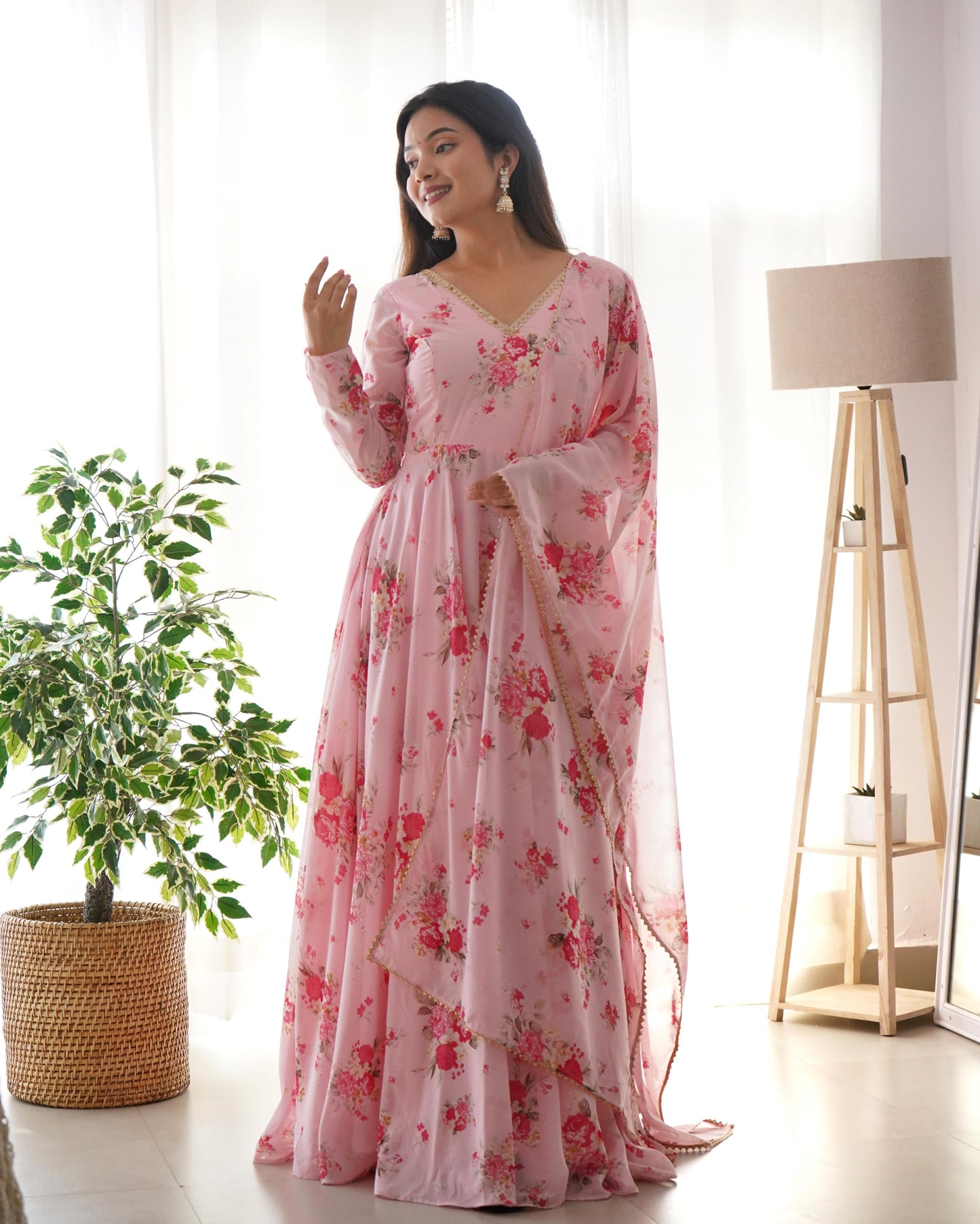 Designer Pink Ready To Wear Printed Anarkali Gown Set For Girls Wear