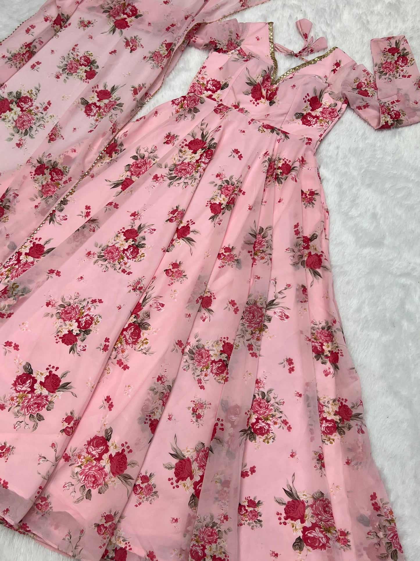 Designer Pink Ready To Wear Printed Anarkali Gown Set For Girls Wear