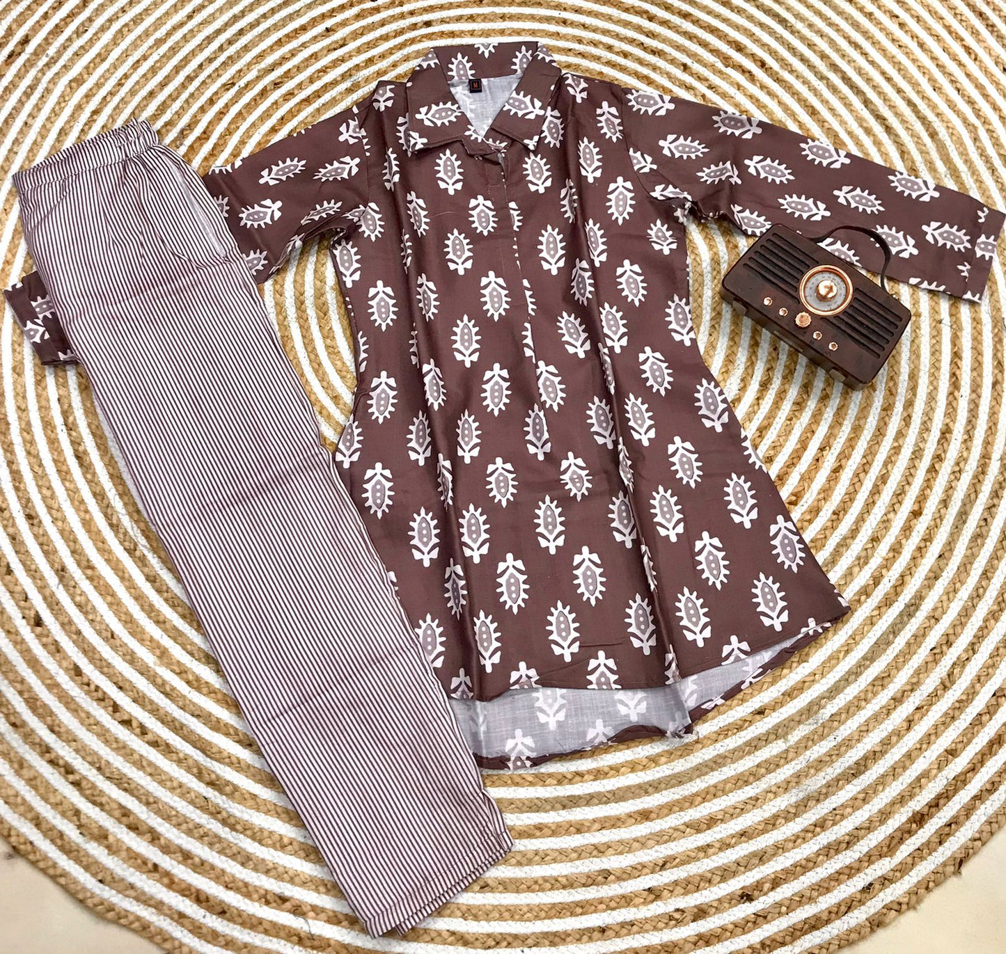 Brown Cotton Printed Ready to Wear Cord Set For Any Girls Wear