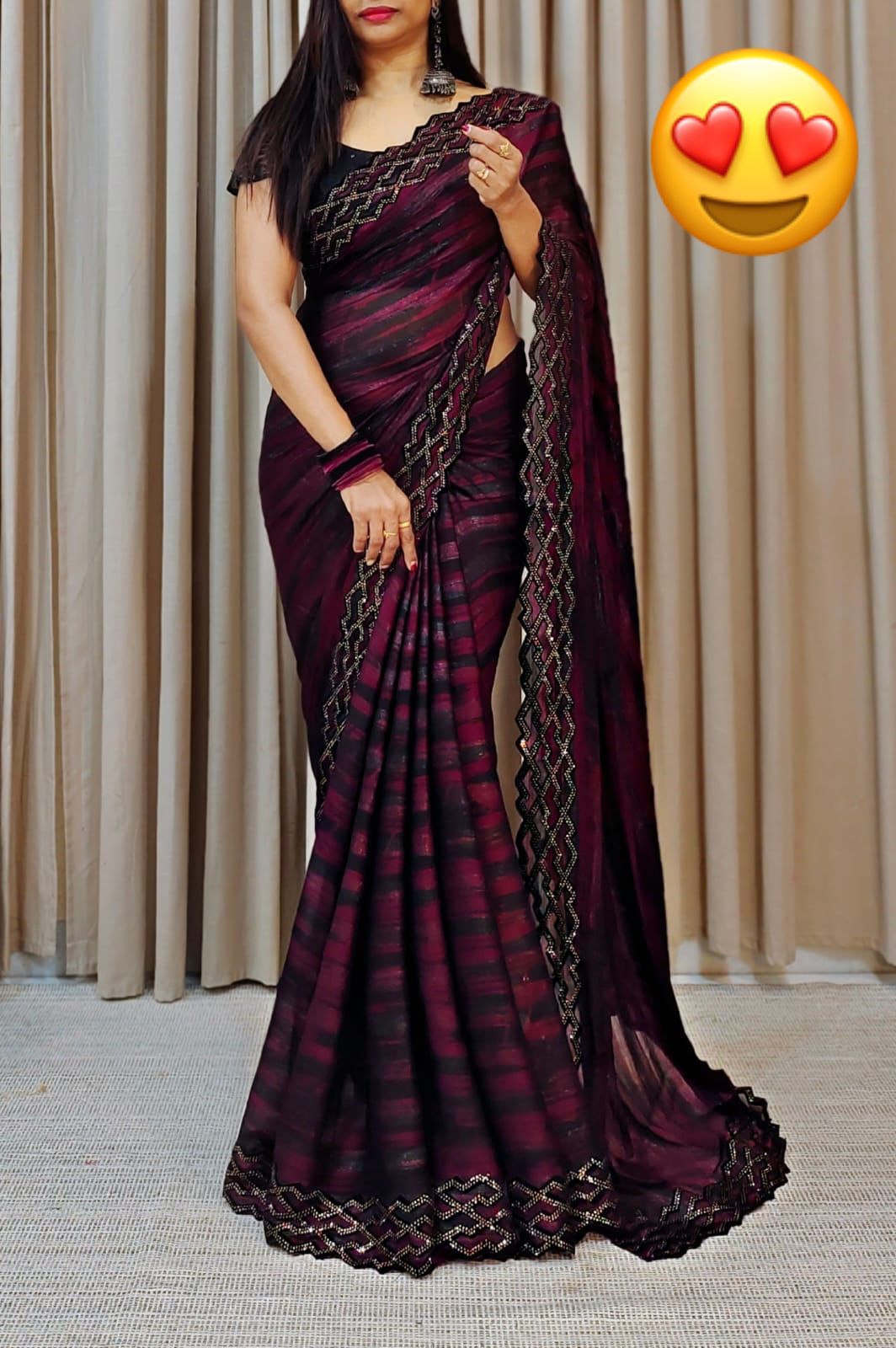 Party Wear Moss Zari Chiffon Saree with Velvet Cut Swaroski Work Border