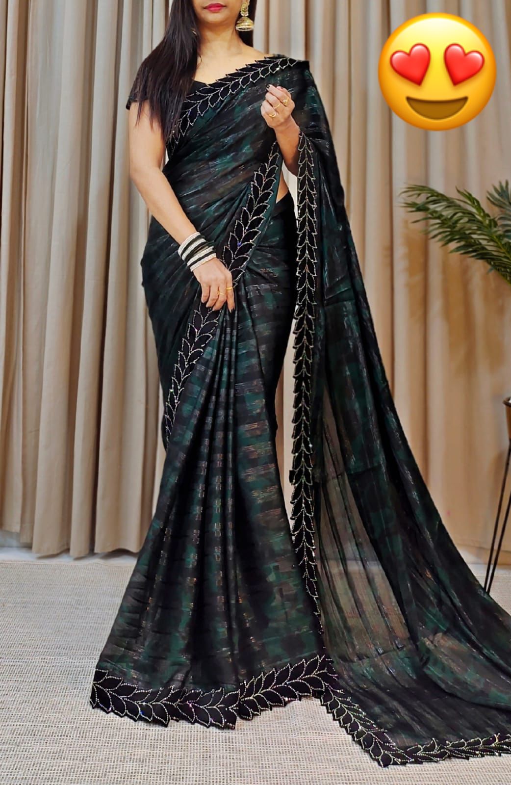 Party Wear Moss Zari Chiffon Saree with Velvet Cut Swaroski Work Border