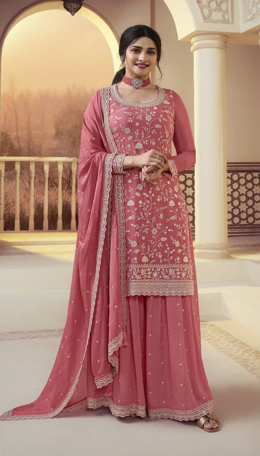 Carrrot Color Embroidered Vichitra Silk Stitched Suit For Women