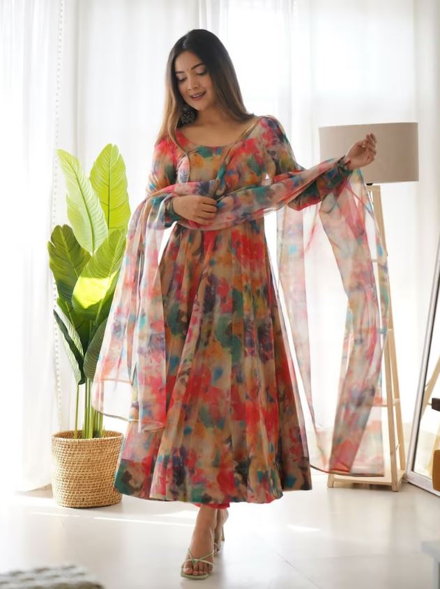 Readymade Beautiful Organza Silk Print Anarkali Gown with Pant Dupatta