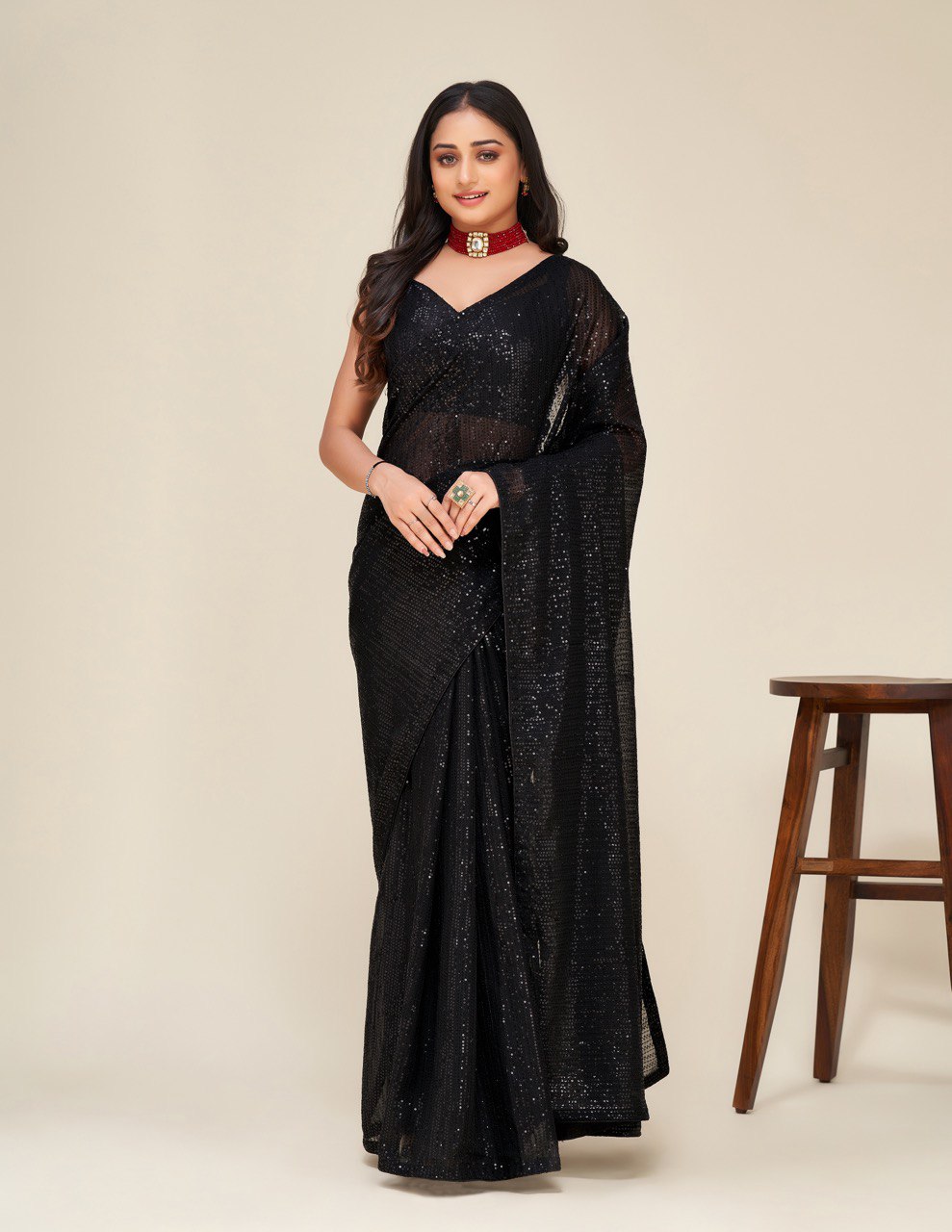 Black Georgette Sequence Work Party Wear Saree Blouse