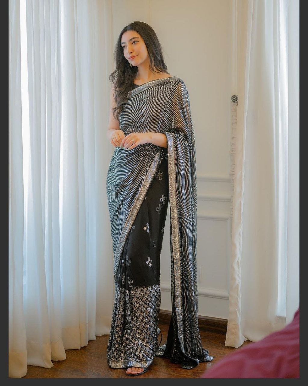 Black Color Georgette Embroidered Party Wear Saree