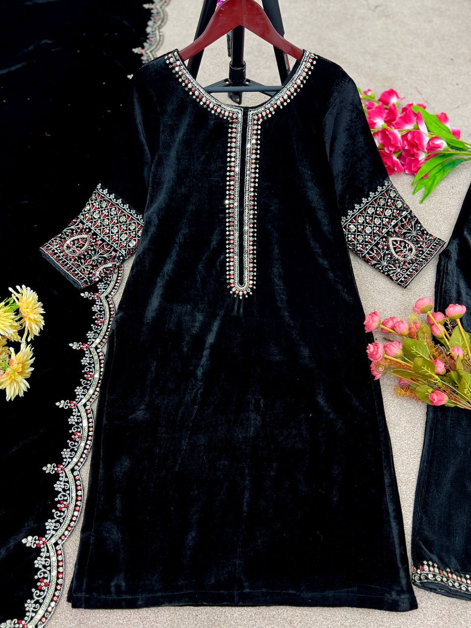 Black Velvet Embroidered Full Stitched Salwar Suit For Women