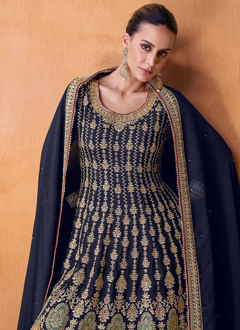 Navy Blue Heavy Embroidered Ready to Wear Suit Set