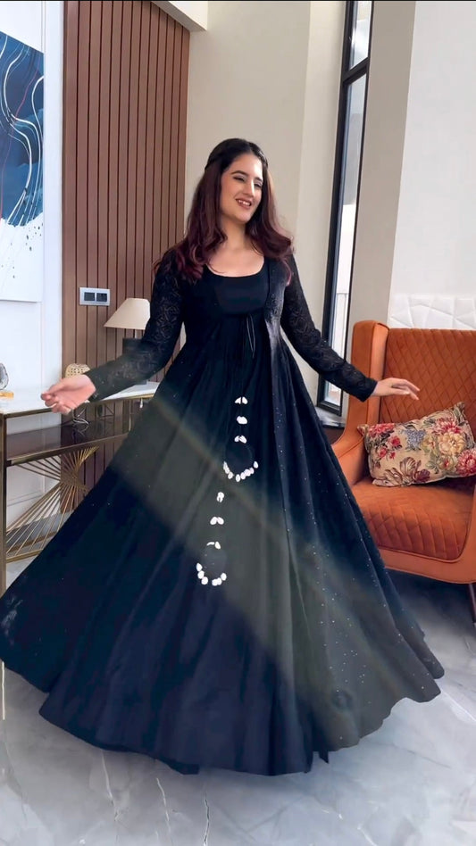 Fancy Designer Beautiful Black Color Faux Georgette Anarkali Suit With Thred Work.