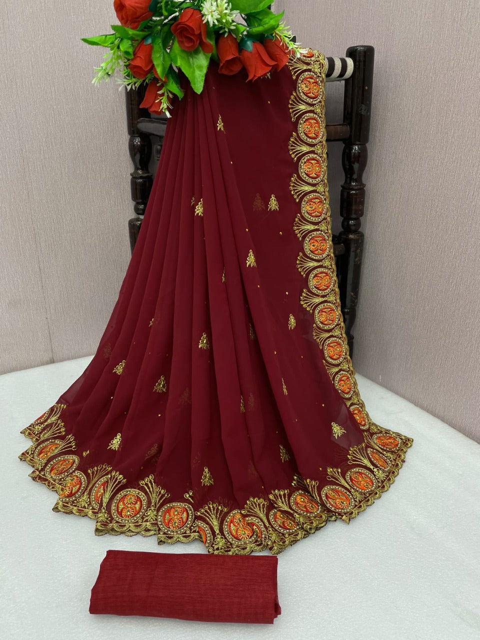 Wedding Wear Designer Heavy Georgette Saree With Embroidery With Hevy Ston Work