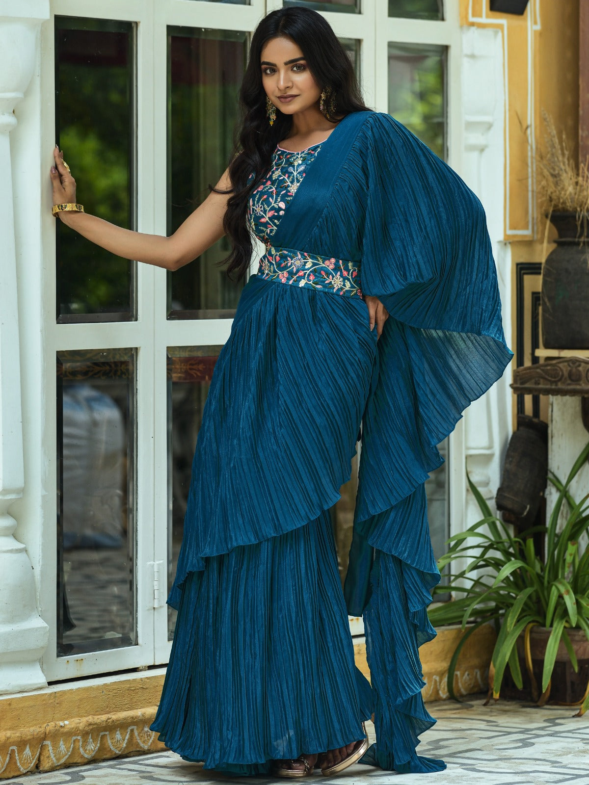 Chinnon Fabric With Half Half Crush Pleated Teal Colour Party Wear Saree