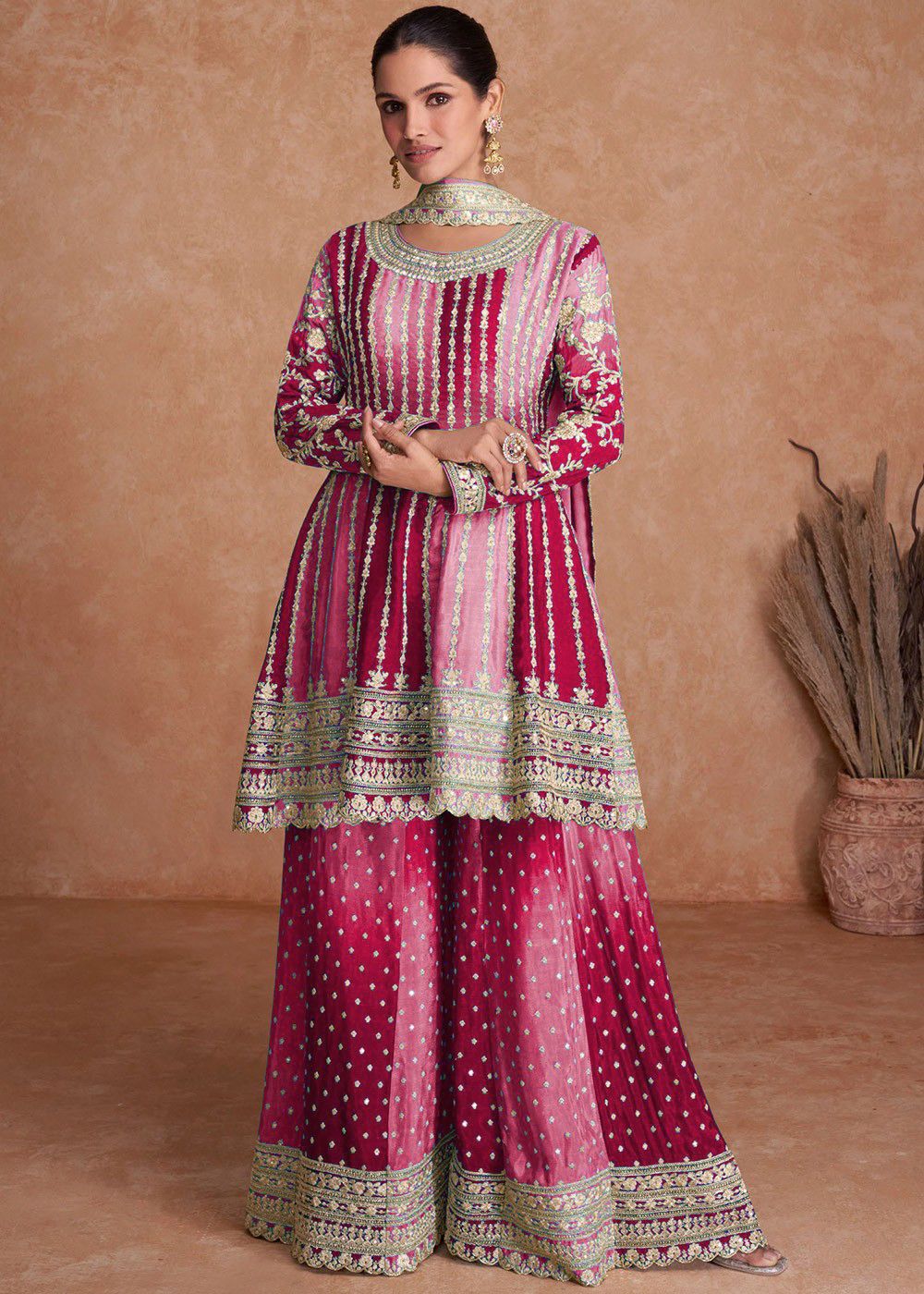Glamour Dual Color Silk Base Full Stitched Sharara Suit