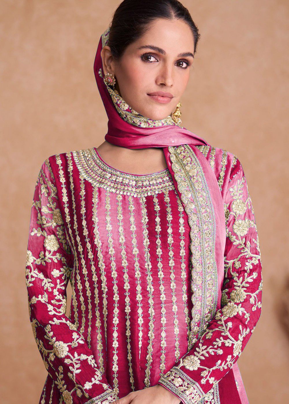 Glamour Dual Color Silk Base Full Stitched Sharara Suit