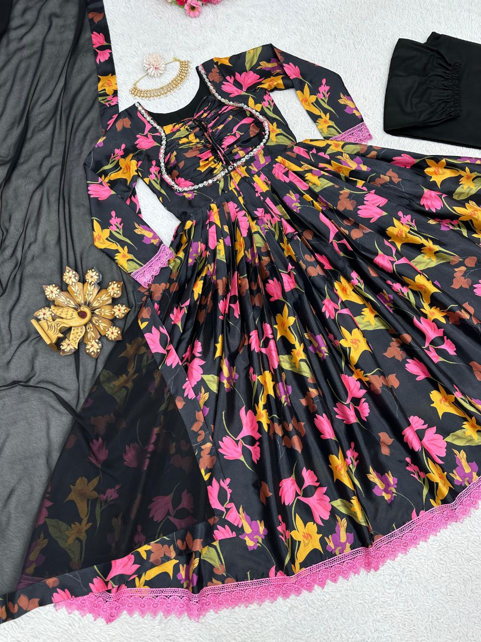 Black Color Chinon Silk Printed Ready to Wear Gown For Girls