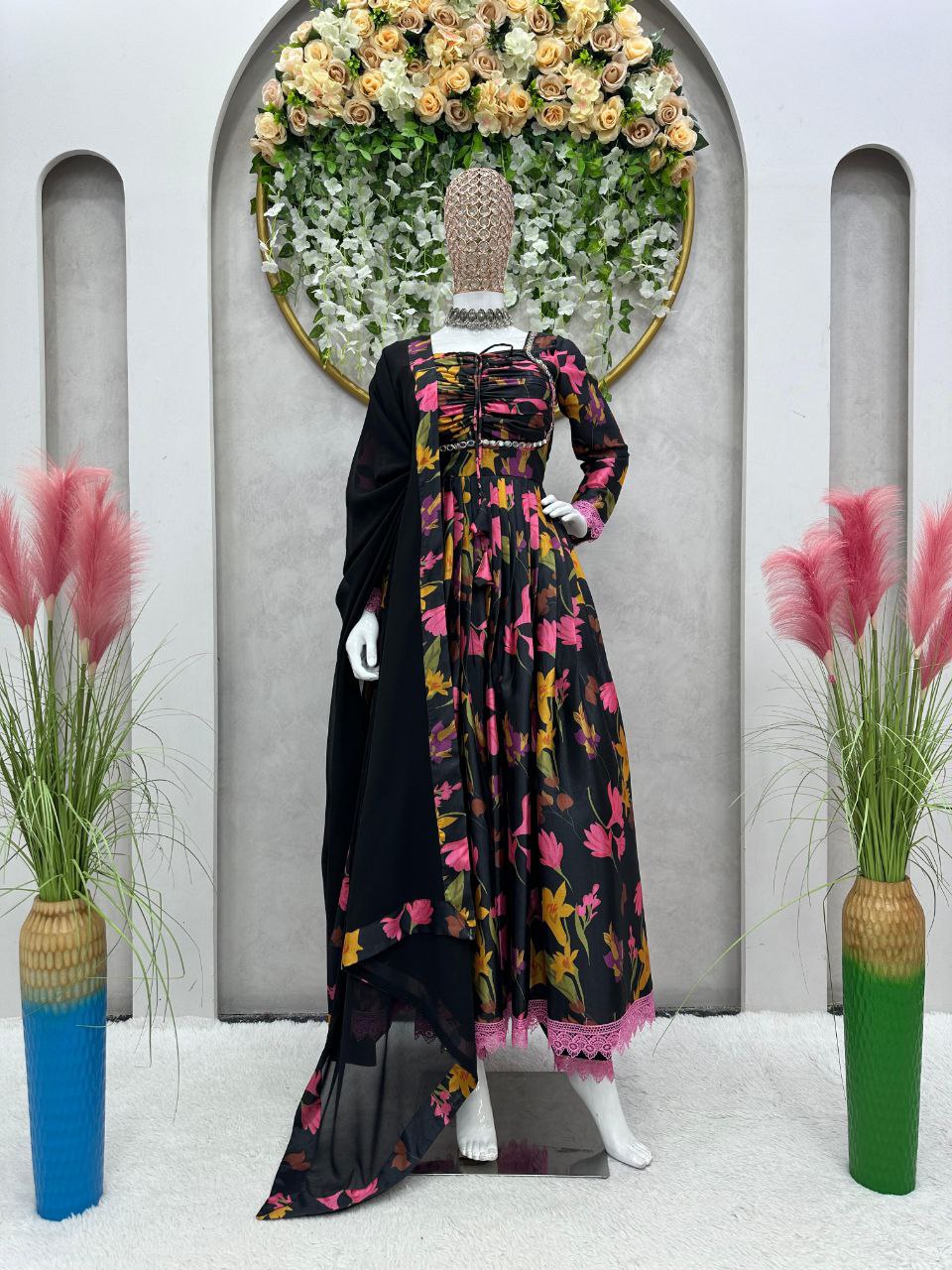 Black Color Chinon Silk Printed Ready to Wear Gown For Girls