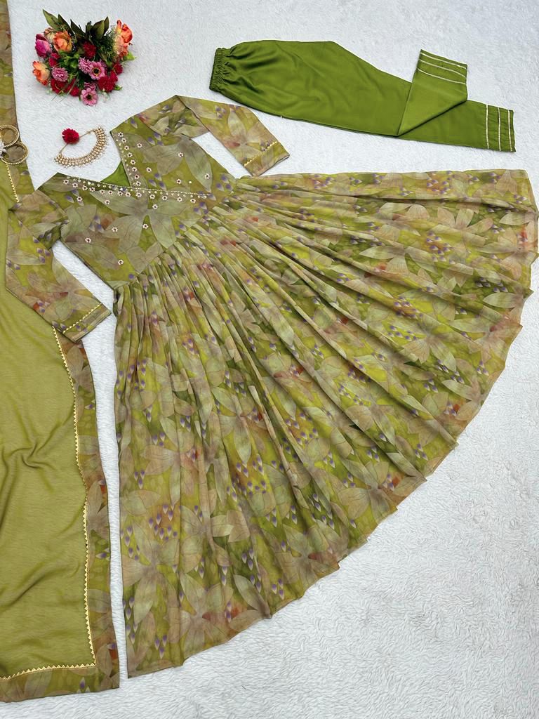 Mehndi Green Pure Georgette Handwork Readymade Suit Set For Any Girls Women