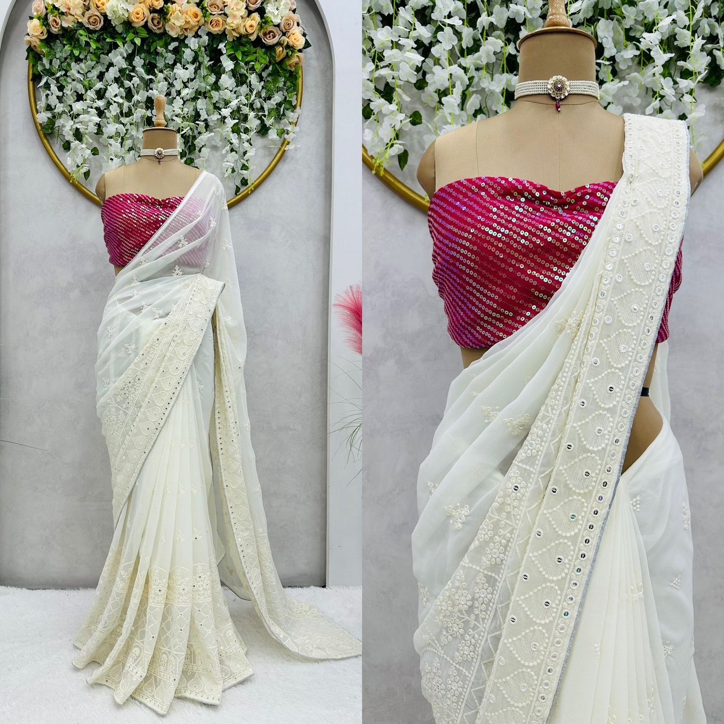 Georgette Heavy Sequence Work Off White Wedding Wear Saree With Beautiful Blouse