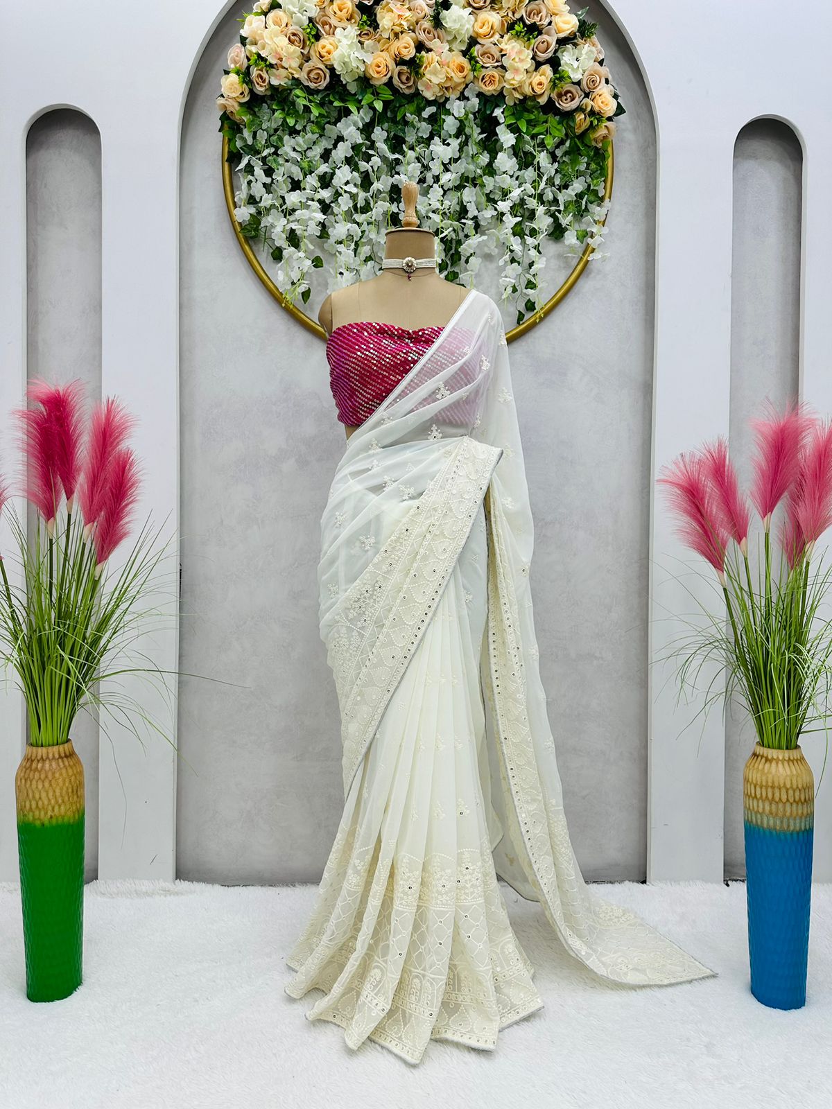 Georgette Heavy Sequence Work Off White Wedding Wear Saree With Beautiful Blouse