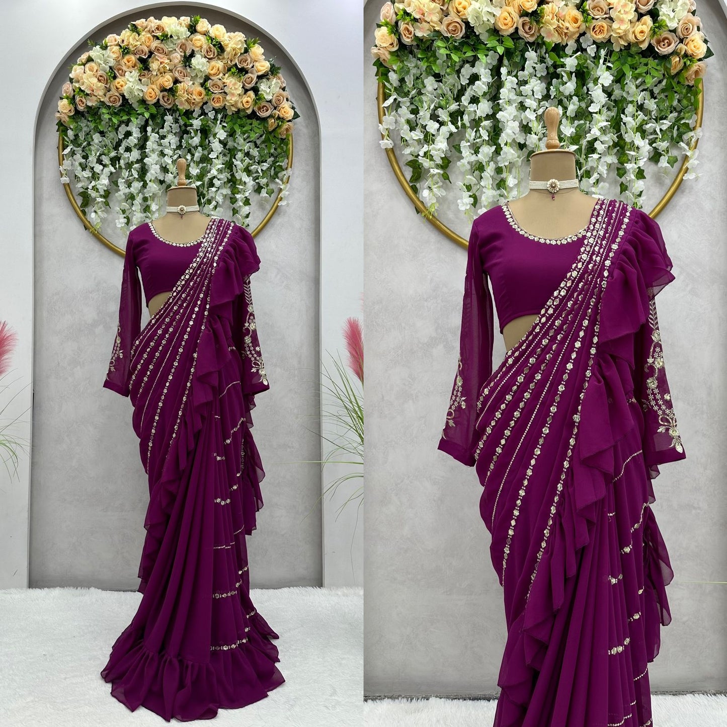 New Ready To Wear Wine Colour Sequence Work Glemorus Georgette Ruffle Saree
