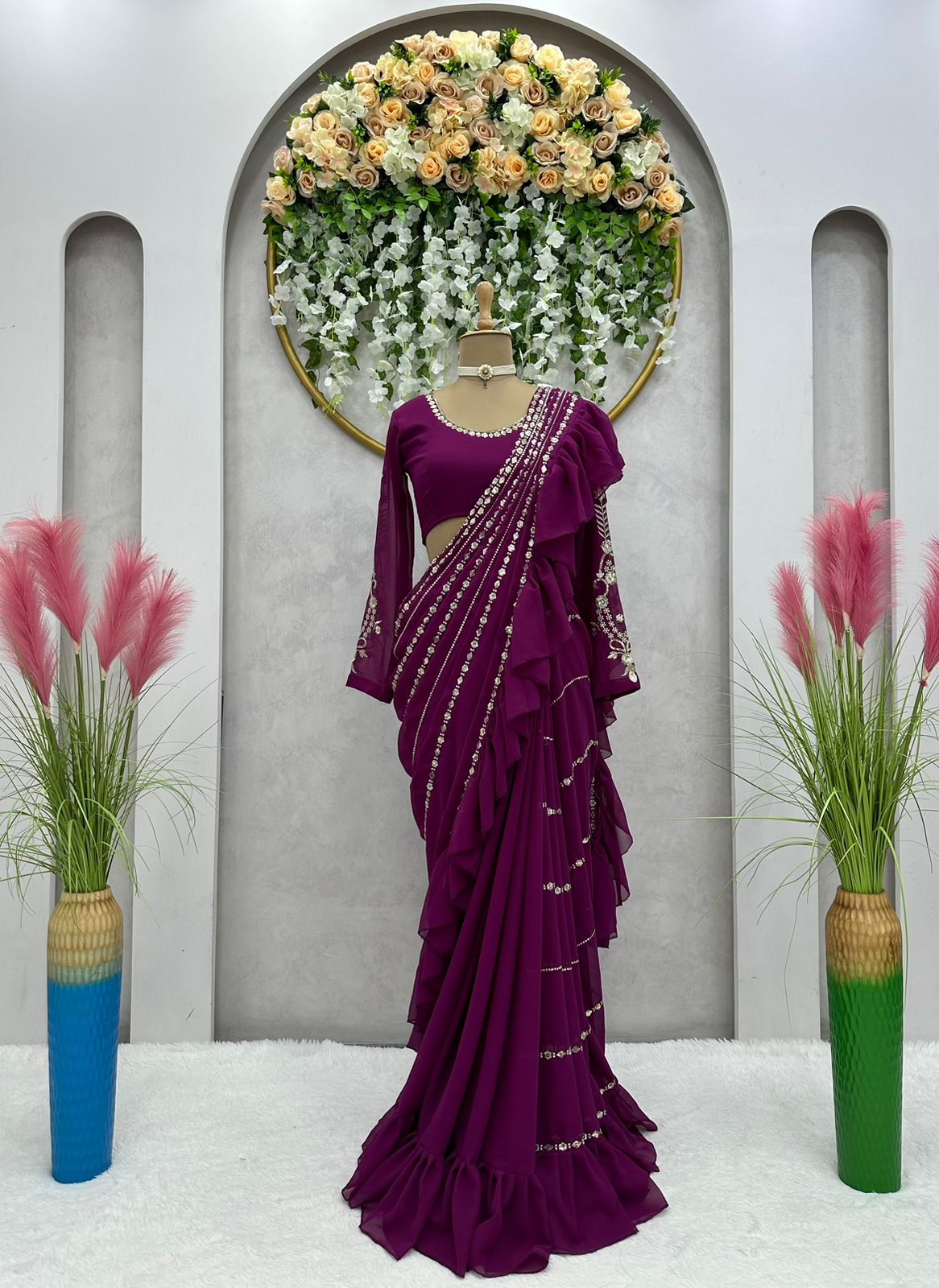 New Ready To Wear Wine Colour Sequence Work Glemorus Georgette Ruffle Saree