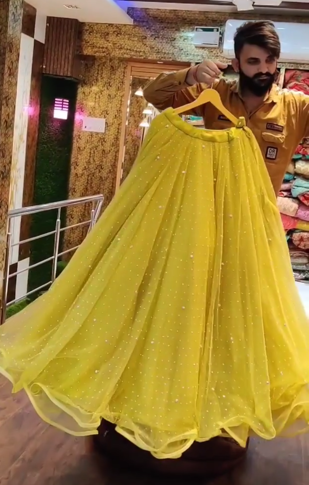 Lemon Yellow Georgette Lehenga In Stripe Design And A Floral Patch On The  Top - Small Wonder Dresses