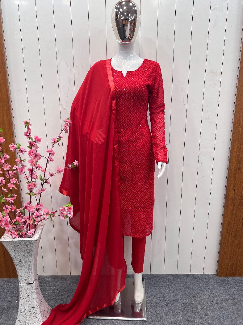 Red Color Pure Georgette Lucknowi Work Full Stitched Suit
