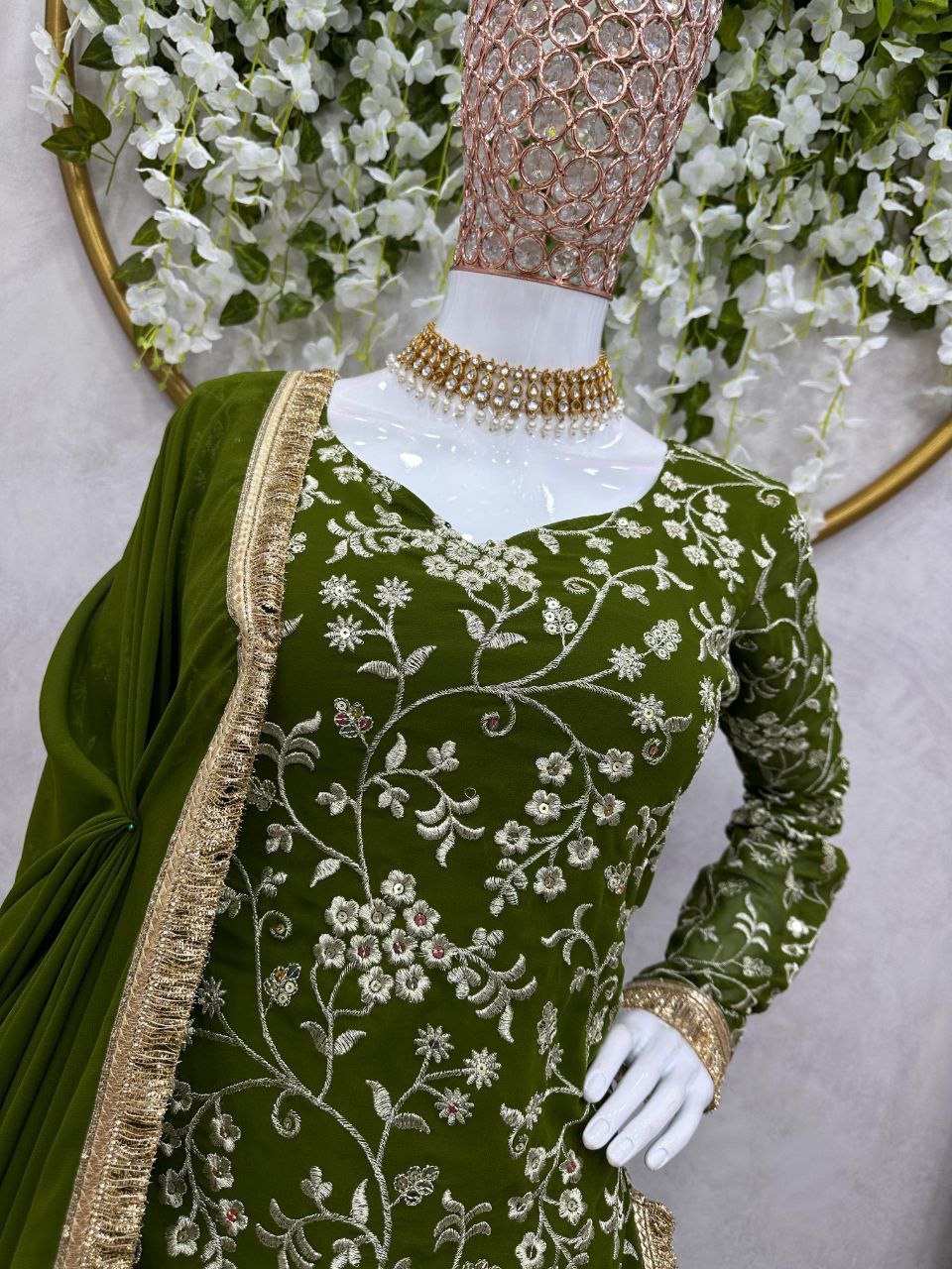 Mehndi Green Georgette Fully Stitched Lehenga Choli For Women