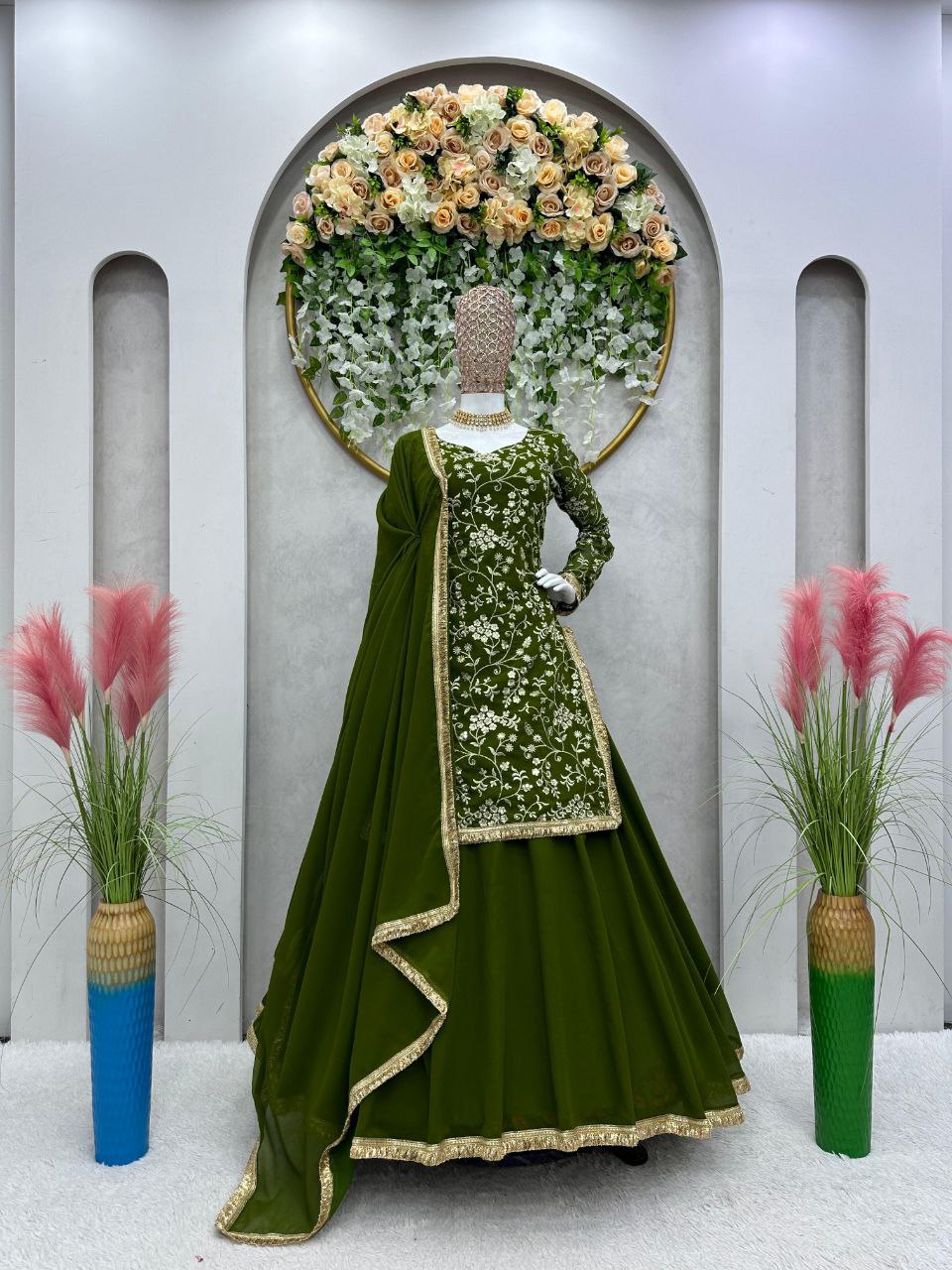 Mehndi Green Georgette Fully Stitched Lehenga Choli For Women